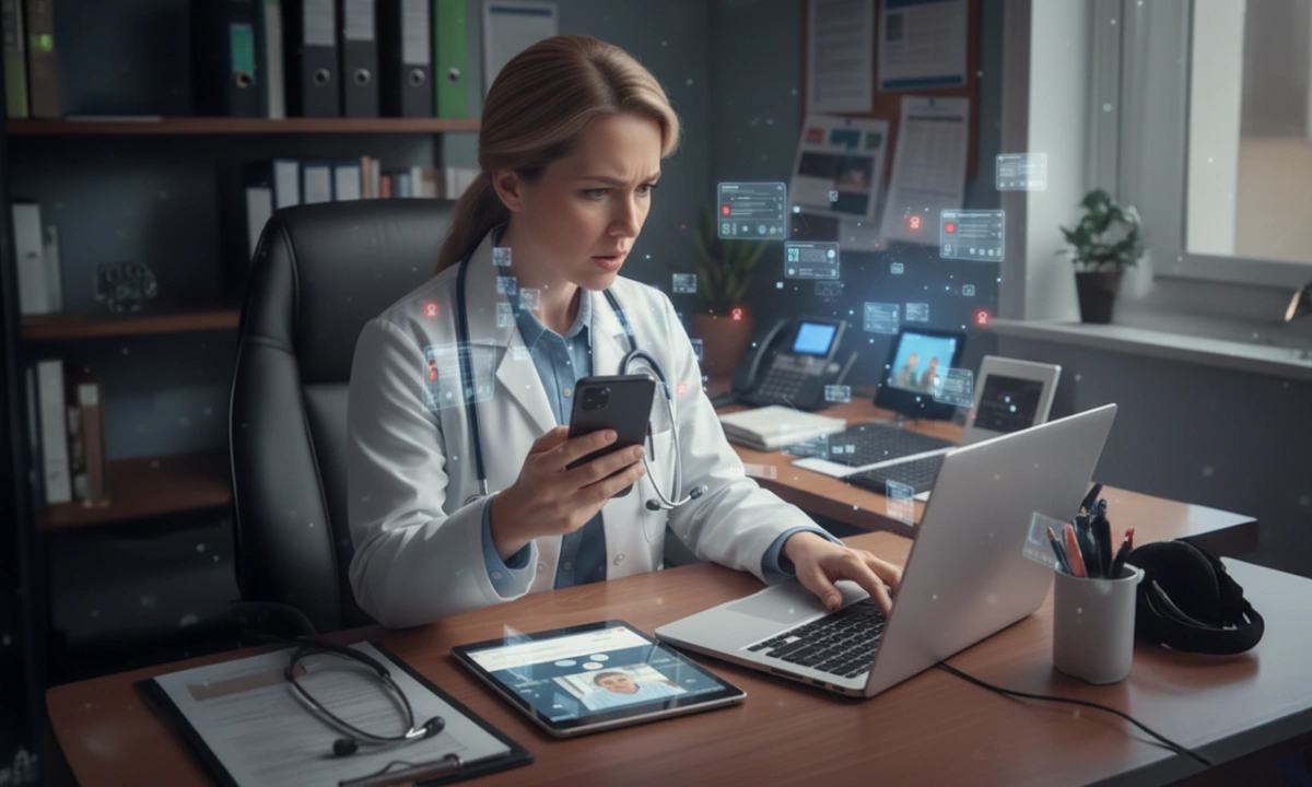 Frustrated nurse juggling multiple devices, highlighting the need for streamlined Clinical Communication in healthcare.