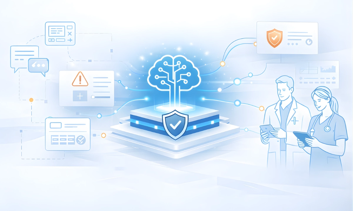 Illustration of unified clinical communication challenges in healthcare and how a secure platform improves collaboration and medical practice efficiency