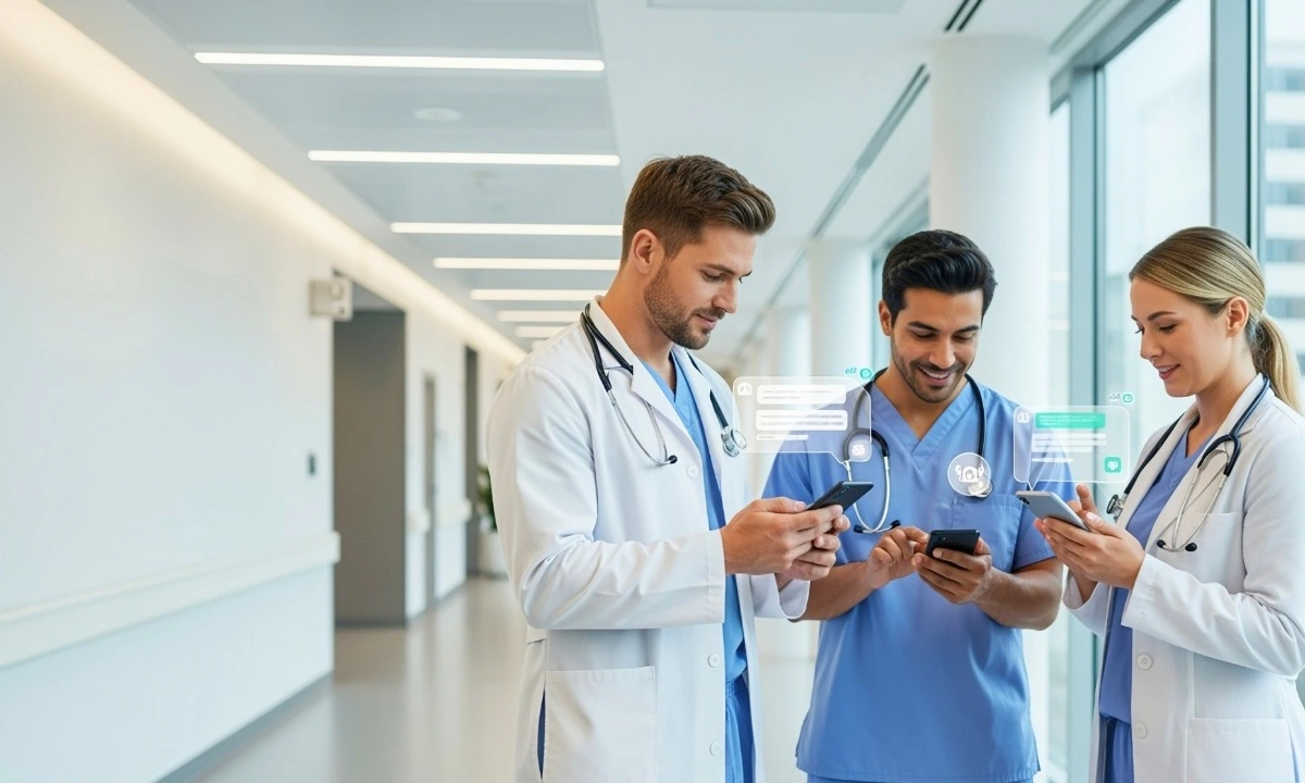 Doctors using smartphones with AI in clinical communication tools to securely share patient data and collaborate in real time.