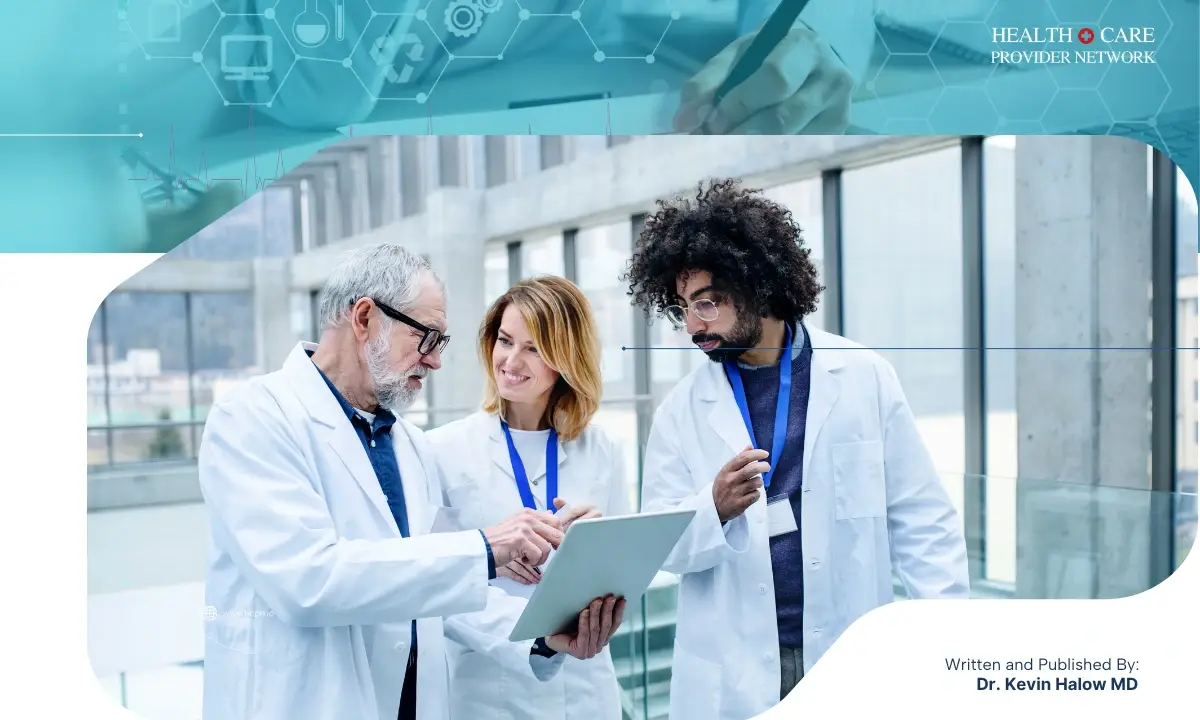 Doctors discussing patient data on a tablet, representing Transforming Clinical Collaboration in modern healthcare.