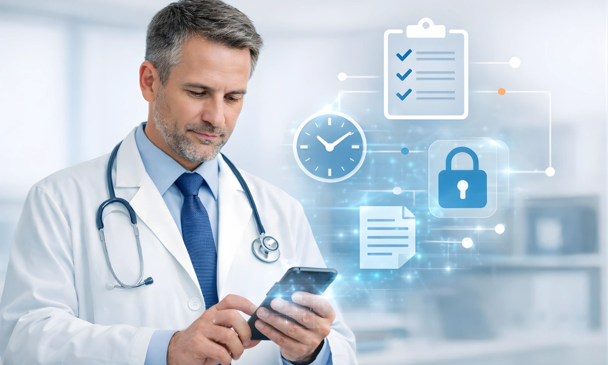 American physician reviewing electronic health record while digital checklist and secure compliance icons represent interprofessional consult billing requirements.