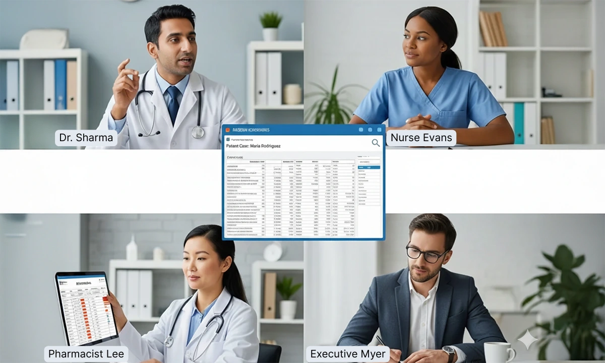 Healthcare providers engaging in secure digital collaboration during interprofessional consults to improve patient care.