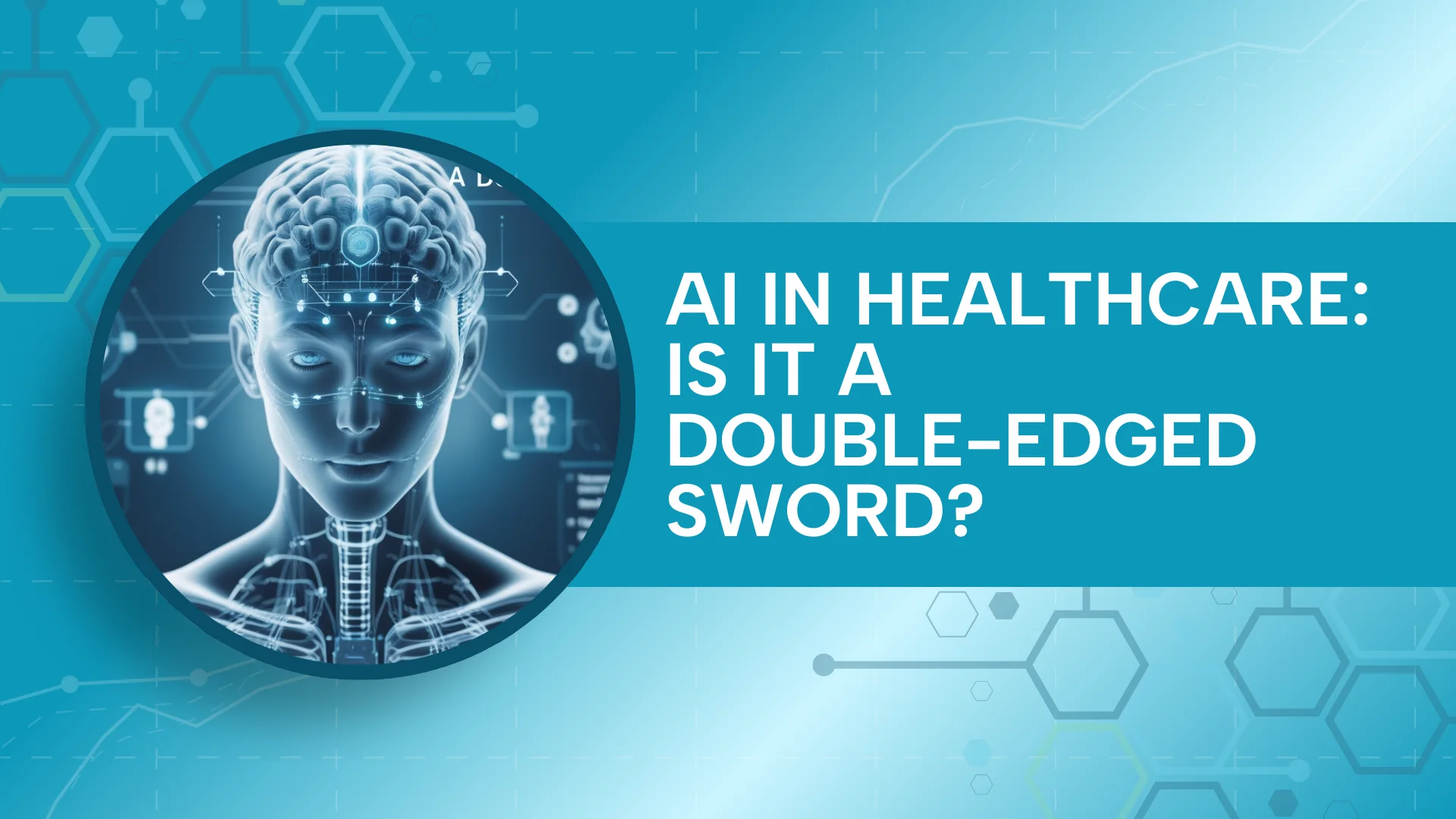 Illustration of a digital human brain and face with futuristic medical technology interface, representing the challenges and opportunities of AI in Healthcare.