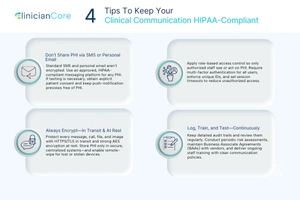 Infographic with 4 key tips to maintain HIPAA compliant communication in healthcare, including encryption, secure access, and continuous monitoring.