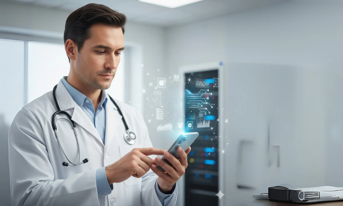 Doctor using smartphone with digital health data, showcasing unified communication in healthcare for secure, real-time collaboration.