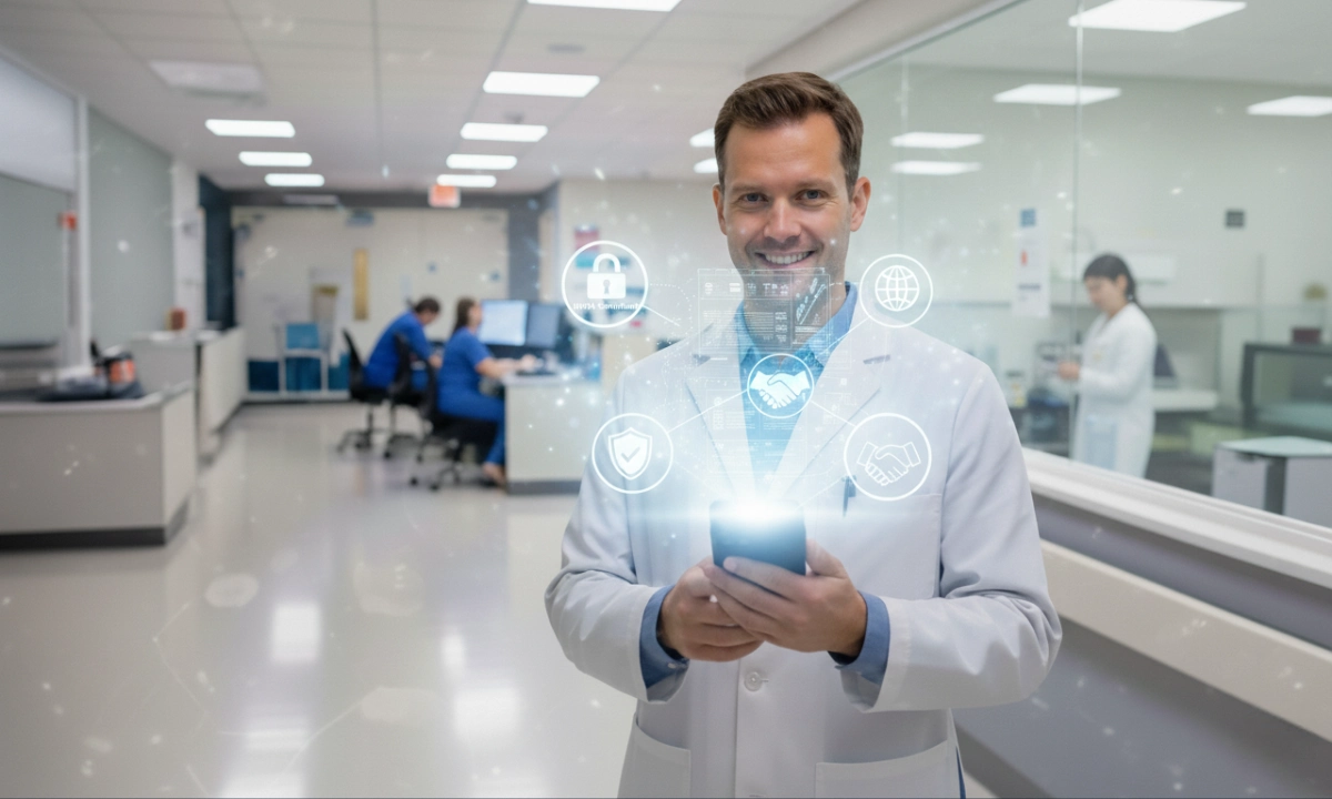 Smiling doctor using a secure smartphone with digital icons representing connectivity and HIPAA compliance, illustrating unified communication in healthcare workflows.