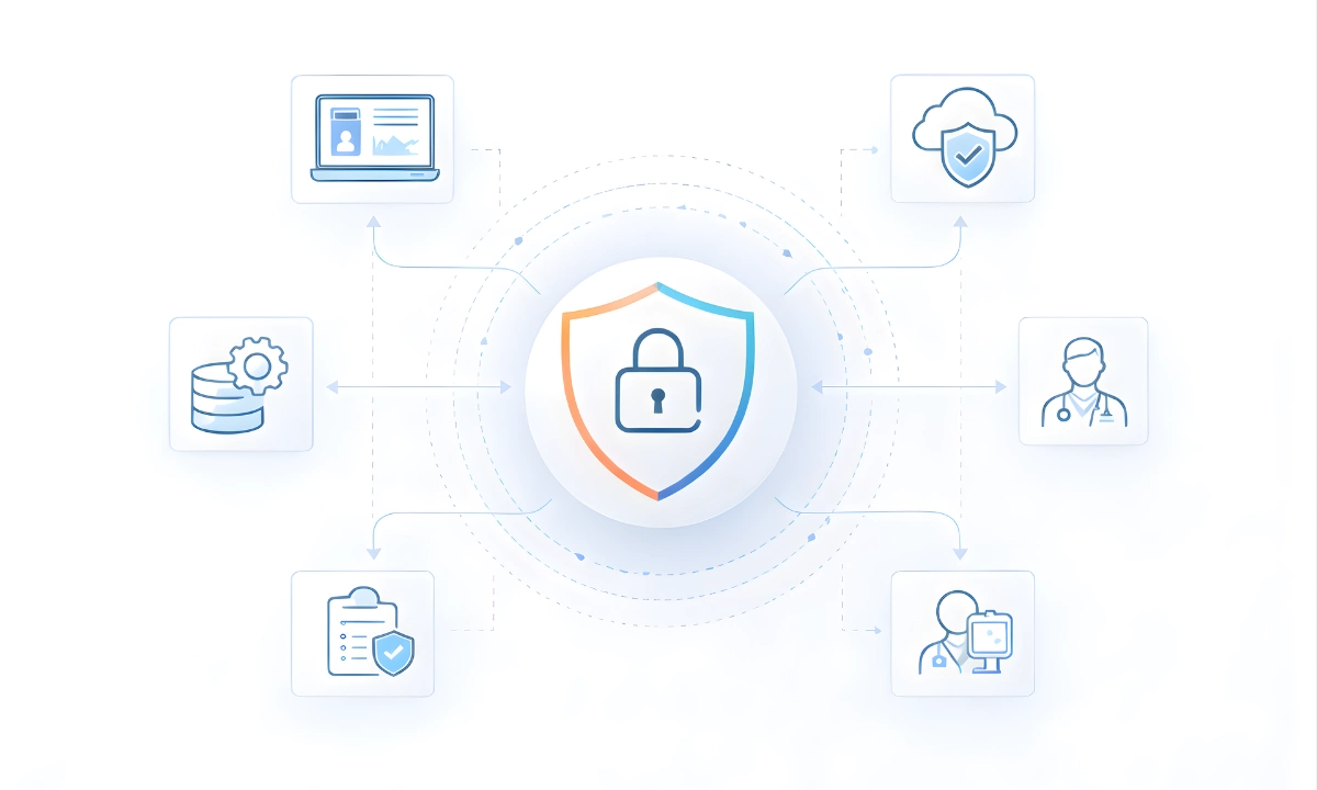 Unified clinical communication architecture banner illustrating centralized healthcare IT infrastructure with secure data hub, interconnected clinical systems, and governance framework.