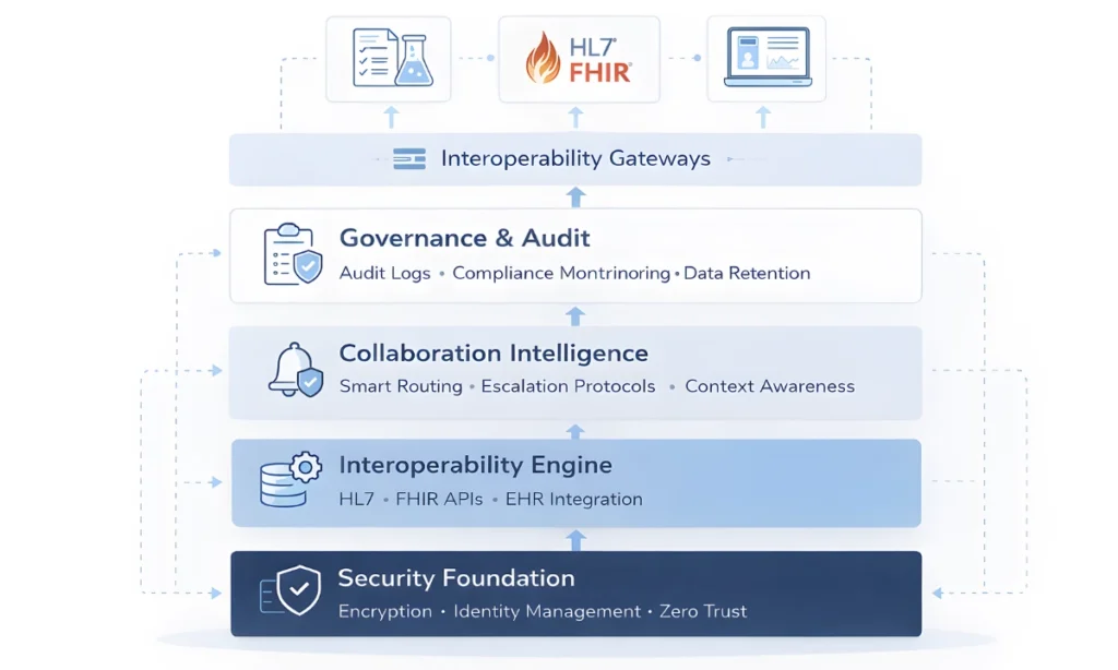 Unified clinical communication architecture diagram illustrating healthcare IT infrastructure with security foundation, HL7 FHIR interoperability engine, intelligent routing layer, and governance audit framework.