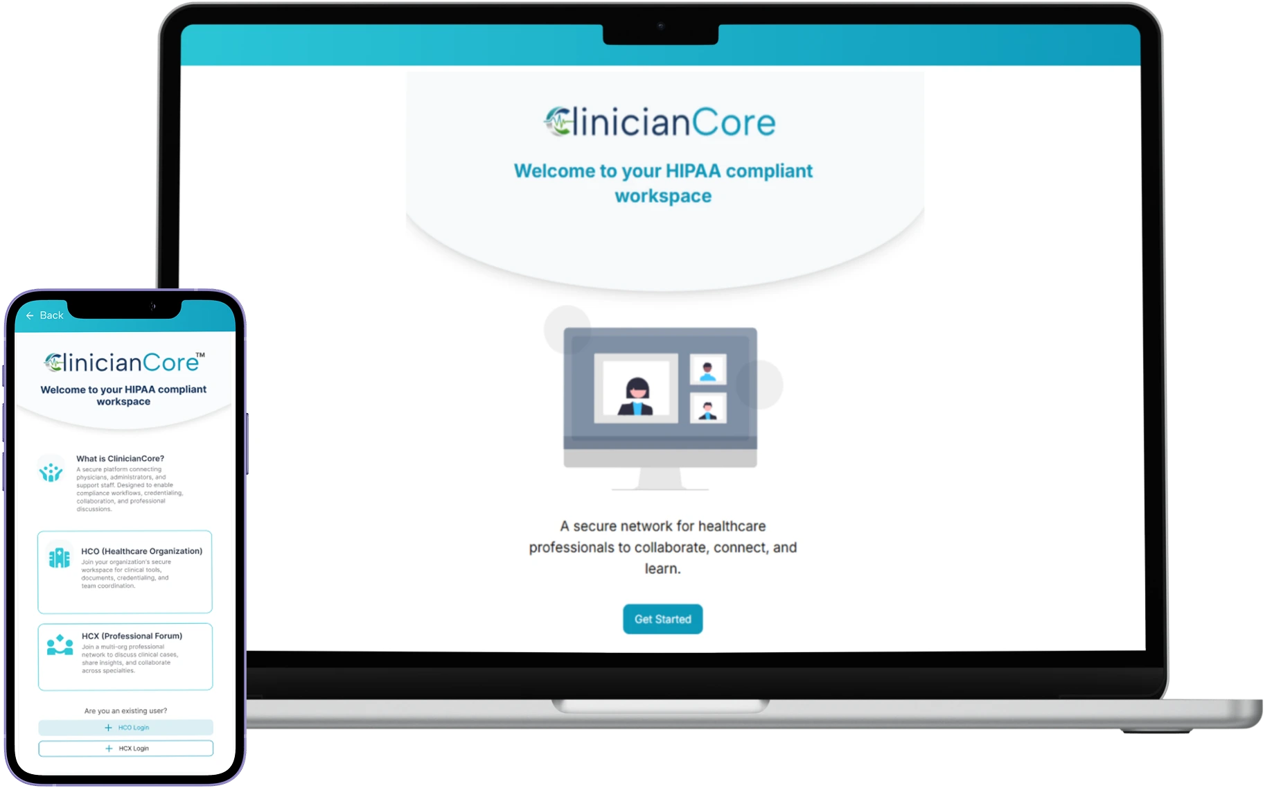 ClinicianCore platform modules overview showing HIPAA-compliant clinical communication tools for physician practices