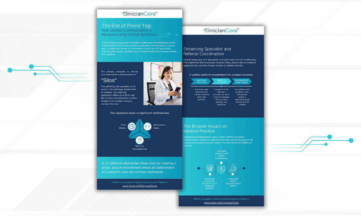 Infographic titled “The End of Phone Tag: How Unified Communication is Revolutionizing Clinical Workflows,” by ClinicianCore. It highlights how a HIPAA-Compliant Unified Communication Platform breaks down communication silos between clinicians, specialists, and departments to reduce time delays, information gaps, and security vulnerabilities. The visual shows seamless referrals, rapid e-consults, and collaborative care teams, leading to improved patient safety, physician efficiency, and fortified security compliance.
