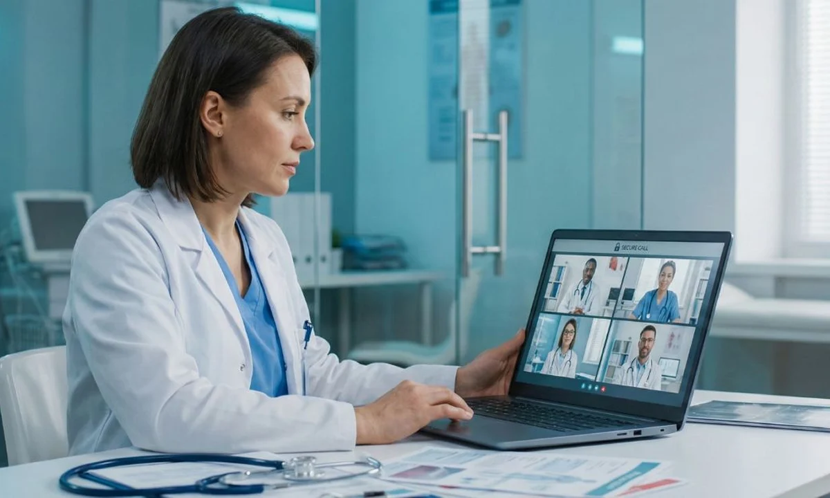 A physician conducting a secure interprofessional video consult on a laptop with colleagues, symbolizing unified communication and patient privacy : Physicians Reclaiming the Narrative on Patient Privacy with Unified Communication Tools