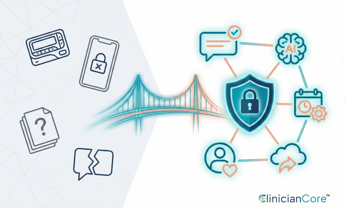 A graphic illustration depicting the transition from outdated healthcare tools to a modern, secure platform. On the left, gray icons represent legacy issues like pagers, missing files, and broken communication. A bridge connects to the right side, featuring a central security shield surrounded by glowing teal and orange icons for AI, secure messaging, scheduling, cloud sharing, and patient engagement, branded with the ClinicianCore logo.