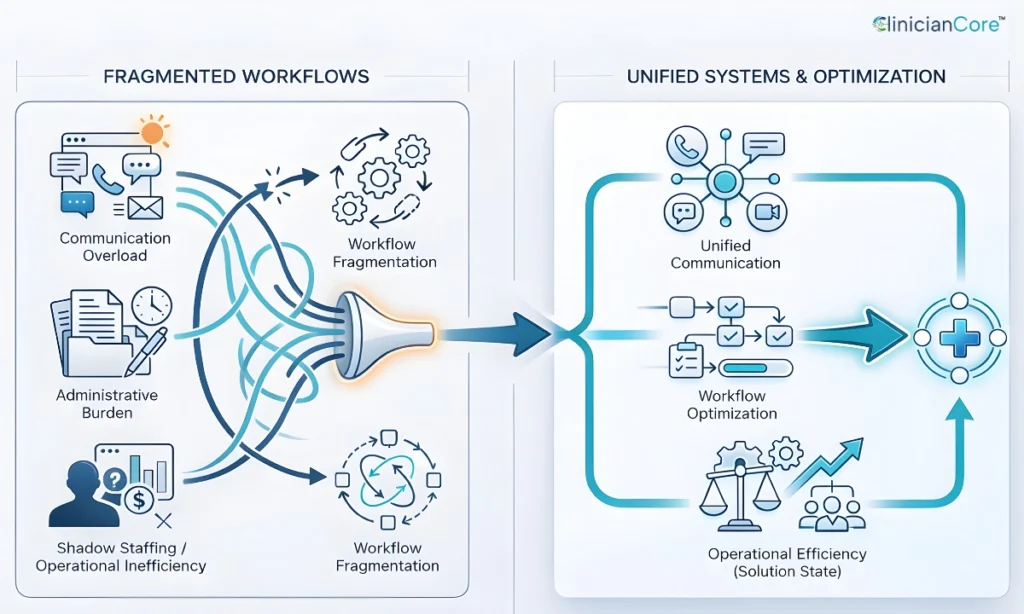 Physician Burnout Reduction illustrated through organizational workflows, communication systems, and operational efficiency in healthcare