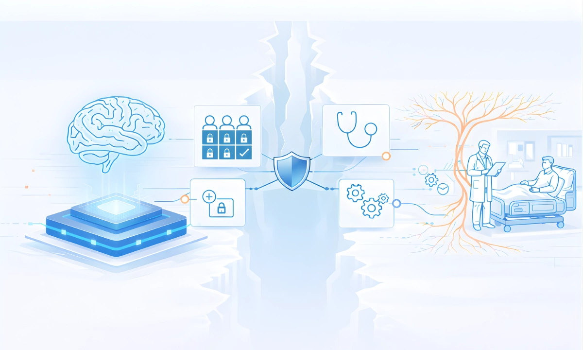 AI Implementation Gap in Healthcare visualized through systems integration architecture connecting governance, workflow, and clinical AI infrastructure
