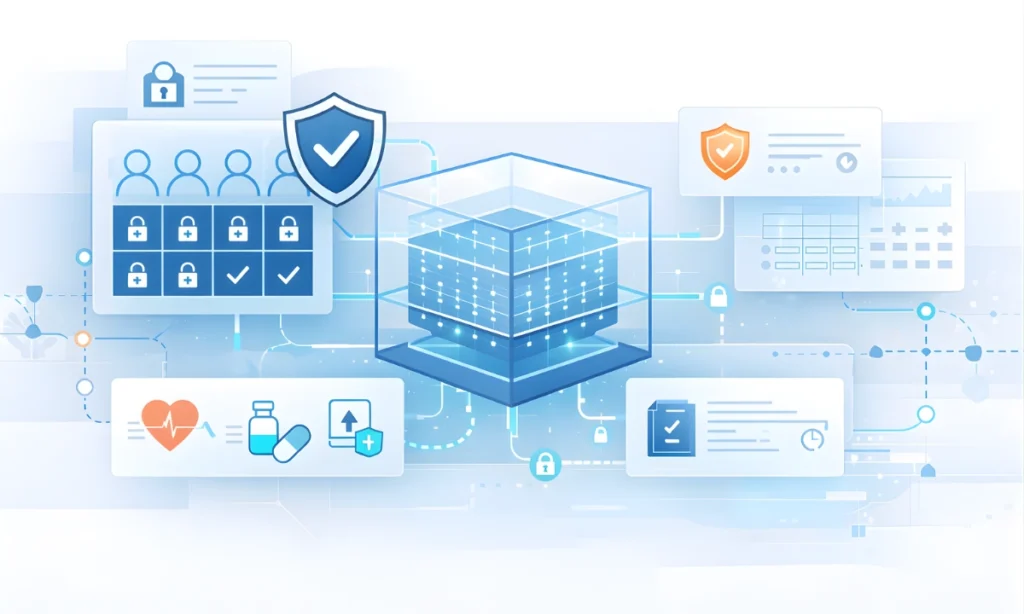 Enterprise healthcare AI privacy architecture showing HIPAA compliant AI platform with encrypted data isolation and clinical governance framework.