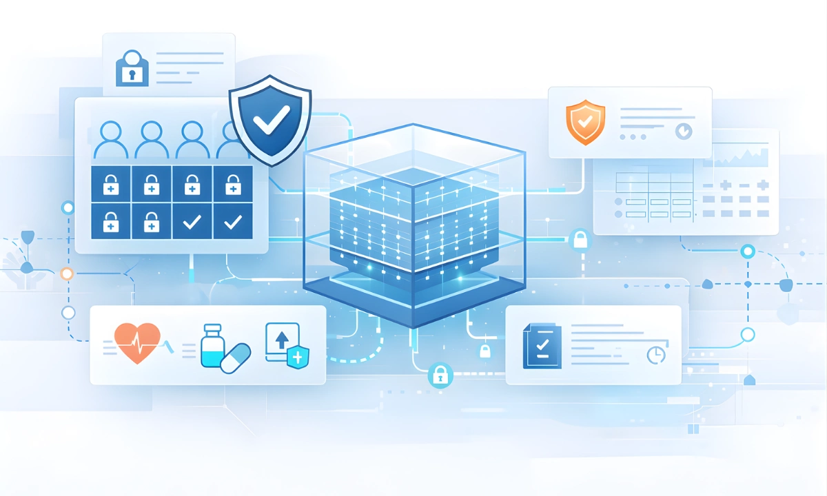 Enterprise healthcare AI privacy architecture showing HIPAA compliant AI platform with encrypted data isolation and clinical governance framework.