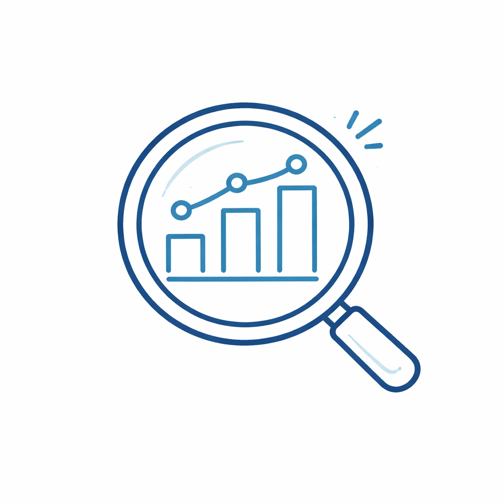 Healthcare analytics icon showing a magnifying glass examining a bar chart representing operational visibility in clinical workflows.