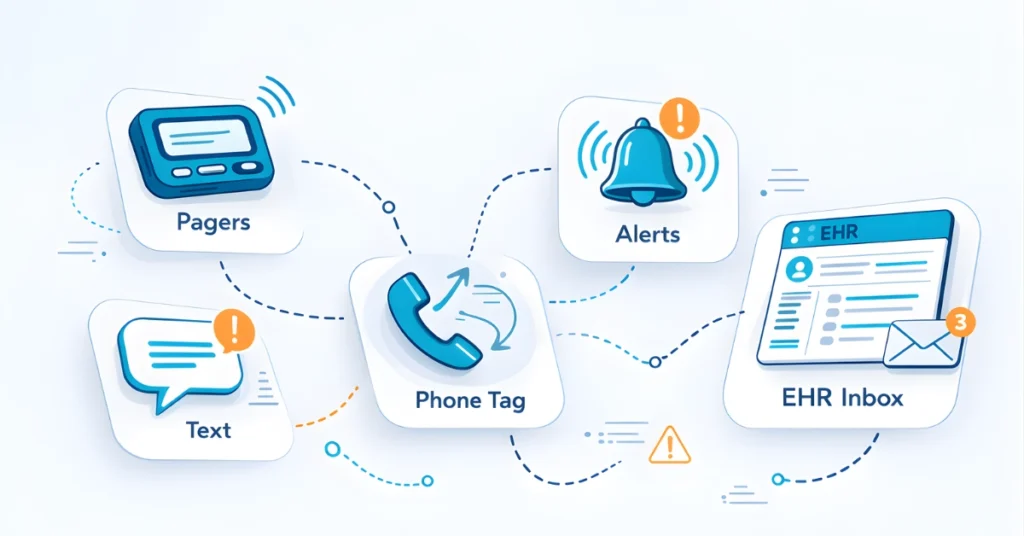 Fragmented healthcare communication showing pagers, text messages, EHR inbox alerts, and phone tag causing workflow inefficiency. Providing solution via Physician Burnout Reduction Platform