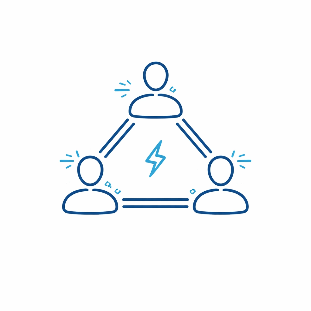 Healthcare care team coordination icon showing three connected clinicians forming a real-time collaboration network.
