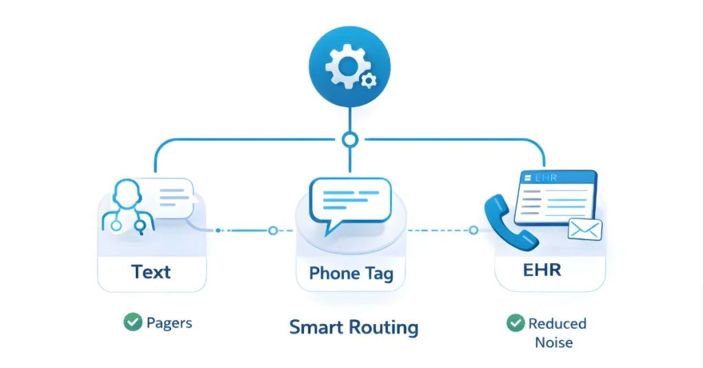 Healthcare smart routing system connecting text, phone, and EHR through a centralized communication hub.