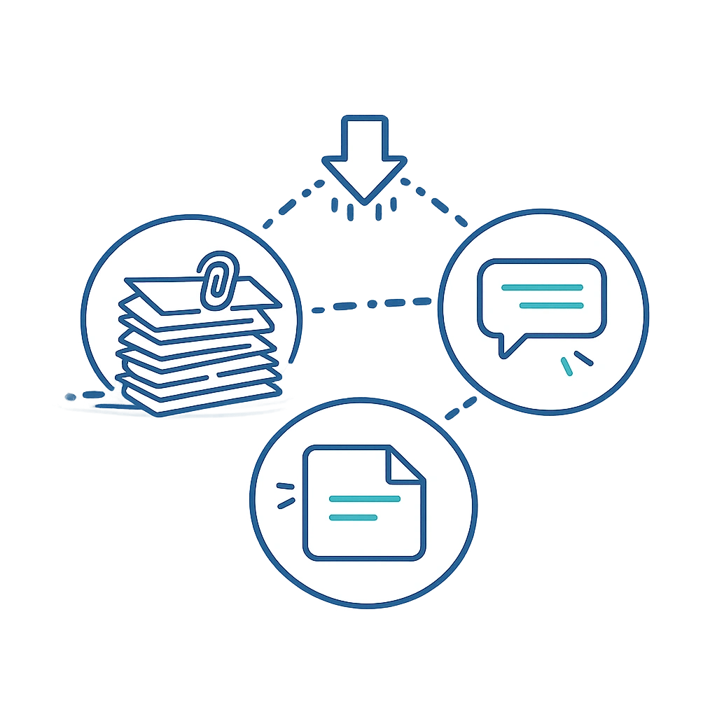 Outline icon showing stacked documents, clipboard checklist, and clock symbol representing administrative workload burden in medical practices.
