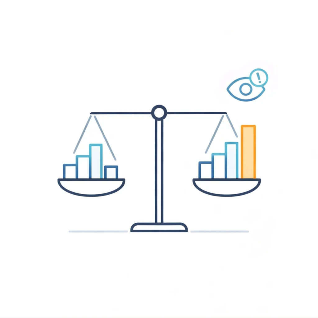 Balance scale comparing two healthcare datasets with alert monitoring showing AI bias detection.