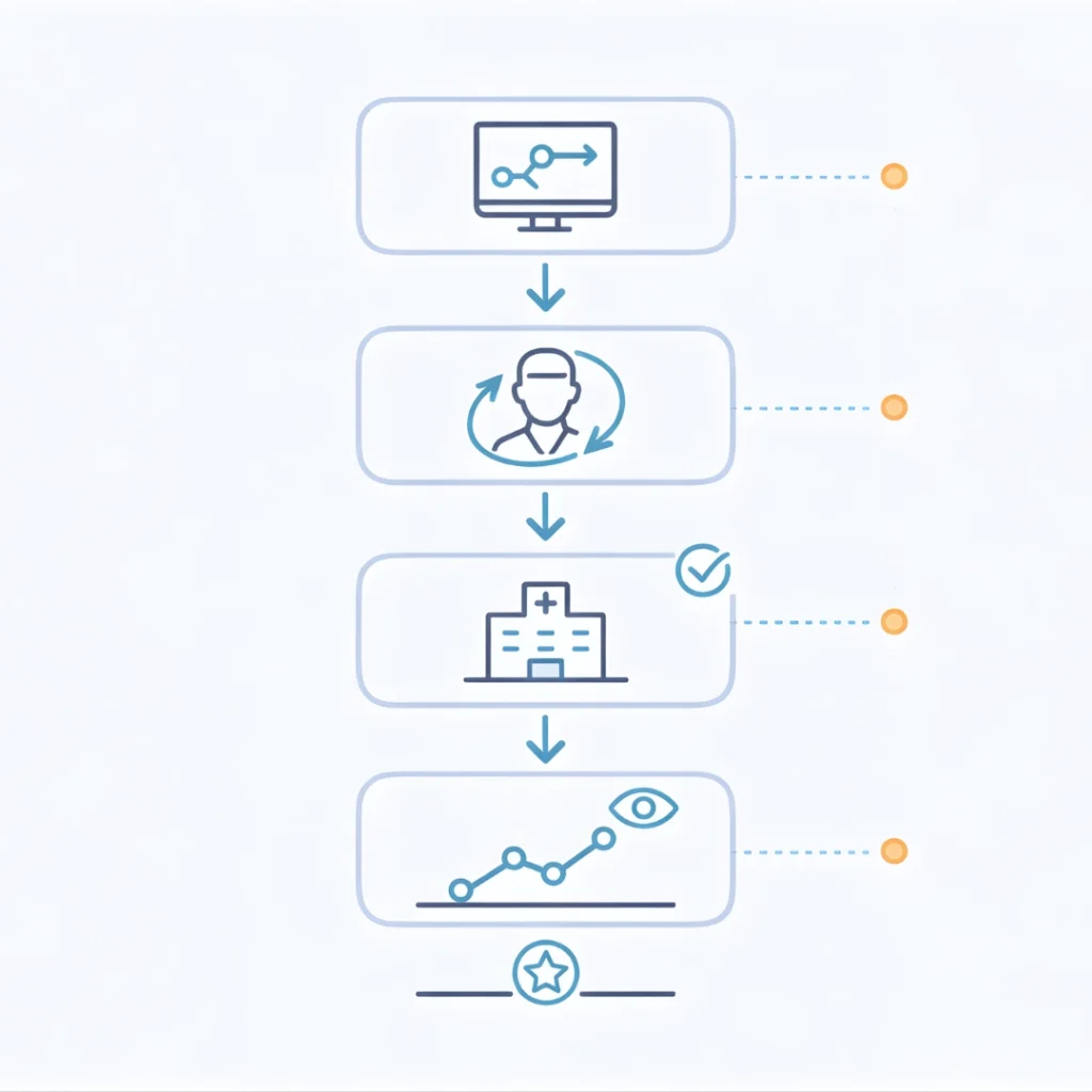 Clinical AI validation process showing workflow simulation, physician feedback loops, pilot deployment, and continuous performance monitoring in healthcare