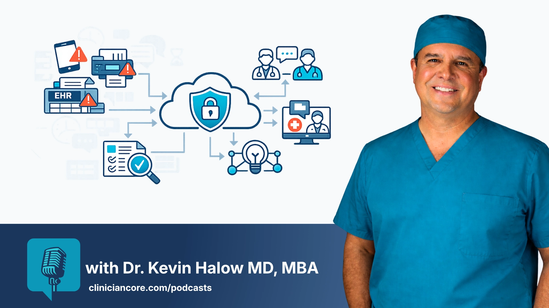 Abstract flat 2D SaaS illustration showing two healthcare organizations connected by a secure HIPAA-compliant collaboration bridge representing ClinicianCore's HCC feature for unified clinical communication across health systems