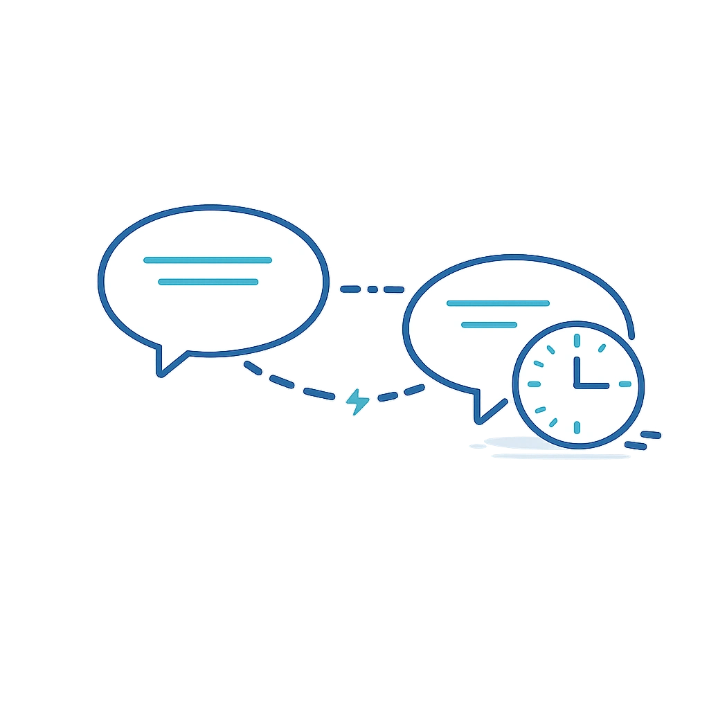 Outline icon showing two speech bubbles separated by a gap with a clock symbol representing delayed responses in clinical communication.