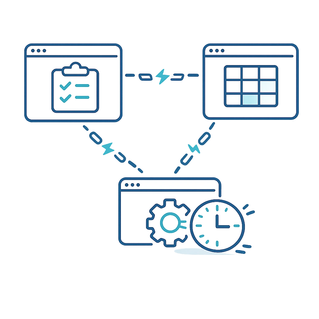 Outline icon showing three software windows with clipboard, grid, and gear symbols connected by broken chain links representing failed integration between healthcare systems.