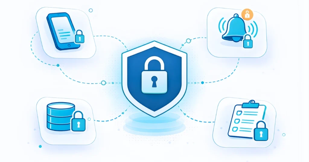 End-to-end encryption in healthcare communication illustrated with secure messaging, encrypted EHR data, protected clinical alerts, and HIPAA-compliant healthcare data encryption shield.