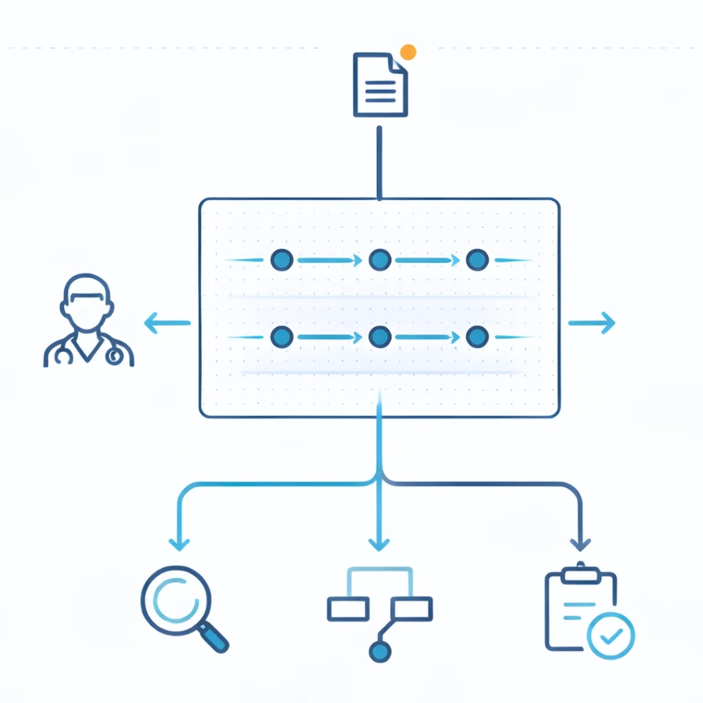 Explainable AI healthcare decision pathway diagram showing transparent clinical data input, interpretable algorithm layers, and auditable decision outputs for physicians