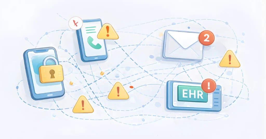 Fragmented healthcare communication showing phone tag, unsecured texting, and missed EHR alerts compared to ClinicianCore unified clinical communication platform with AI smart routing