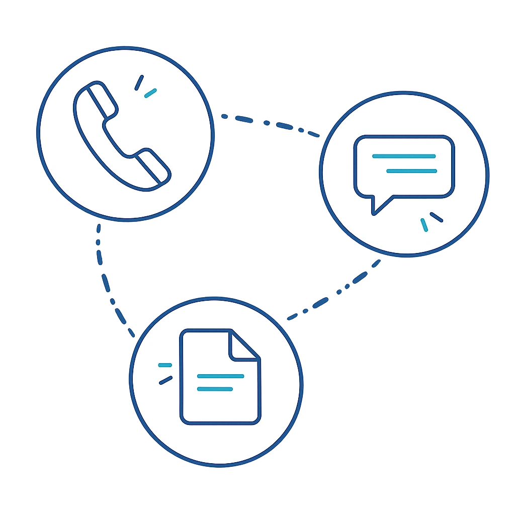 Outline icon showing phone, chat bubble, and document tools disconnected by dashed lines representing fragmented clinical communication systems in healthcare.