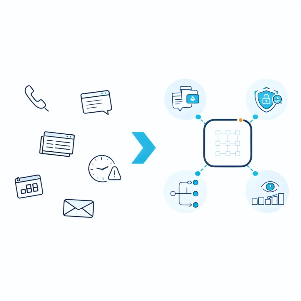 Diagram showing fragmented healthcare communication tools transforming into a unified clinical communication platform for secure collaboration and workflow coordination.