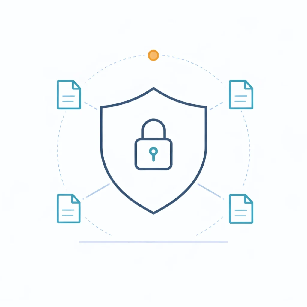 Shield protecting clinical data files representing healthcare AI privacy protection and PHI security.