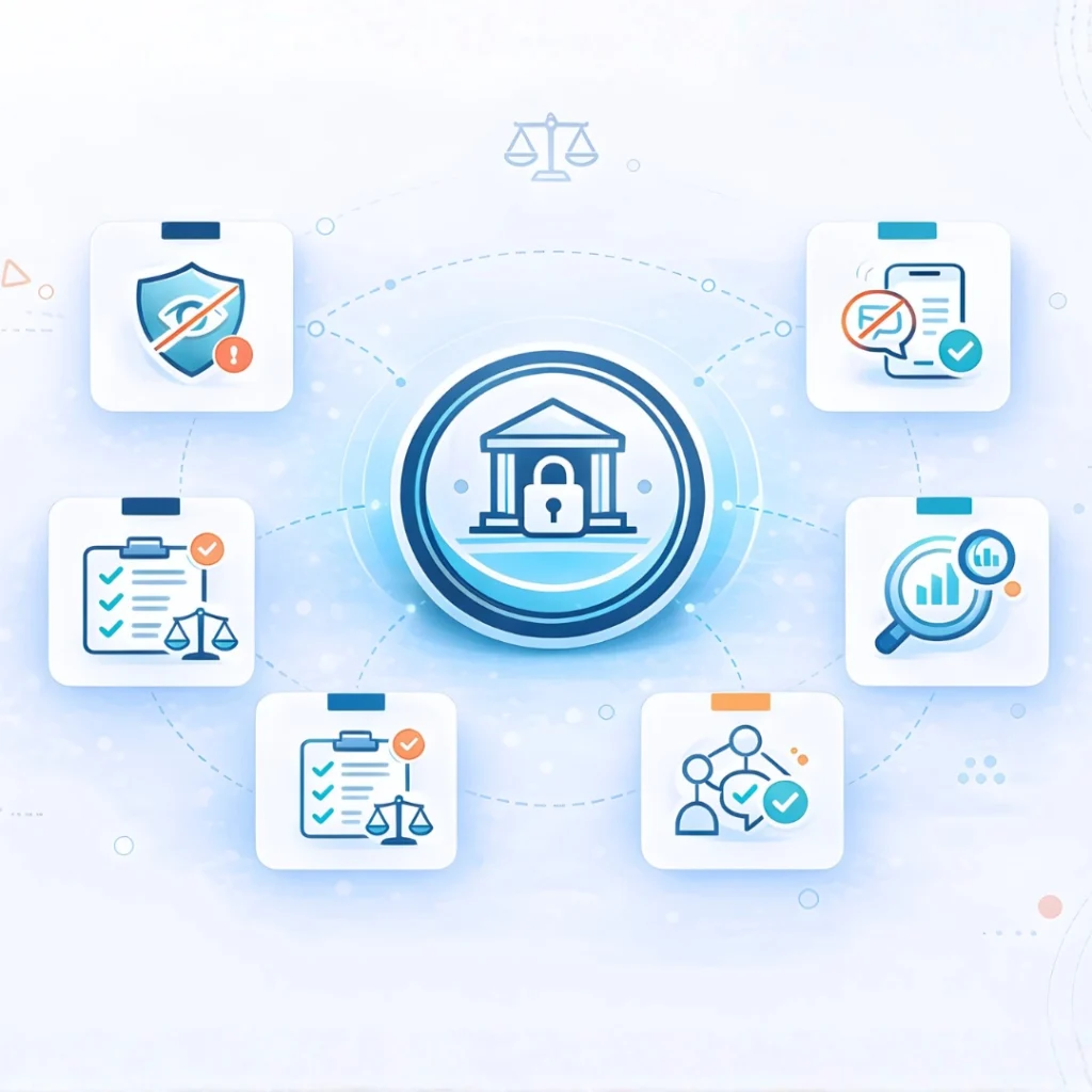 Healthcare governance architecture illustration showing institutional trust badge connected to privacy protection, shadow IT reduction, compliance visibility, care-team coordination, and accountability systems