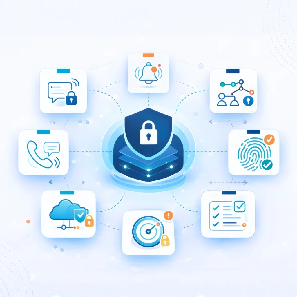 HIPAA-compliant clinical communication security architecture showing encryption, identity verification fingerprint authentication, role based access control, audit logs, monitoring, and secure cloud infrastructure protecting healthcare data.