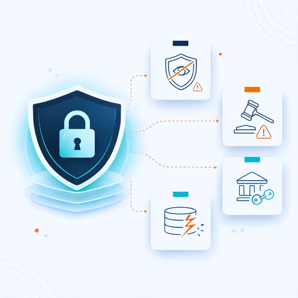 HIPAA-compliant collaboration platform protecting healthcare communication with secure shield while icons illustrate risks such as data breaches patient privacy violations regulatory penalties and loss of institutional trust