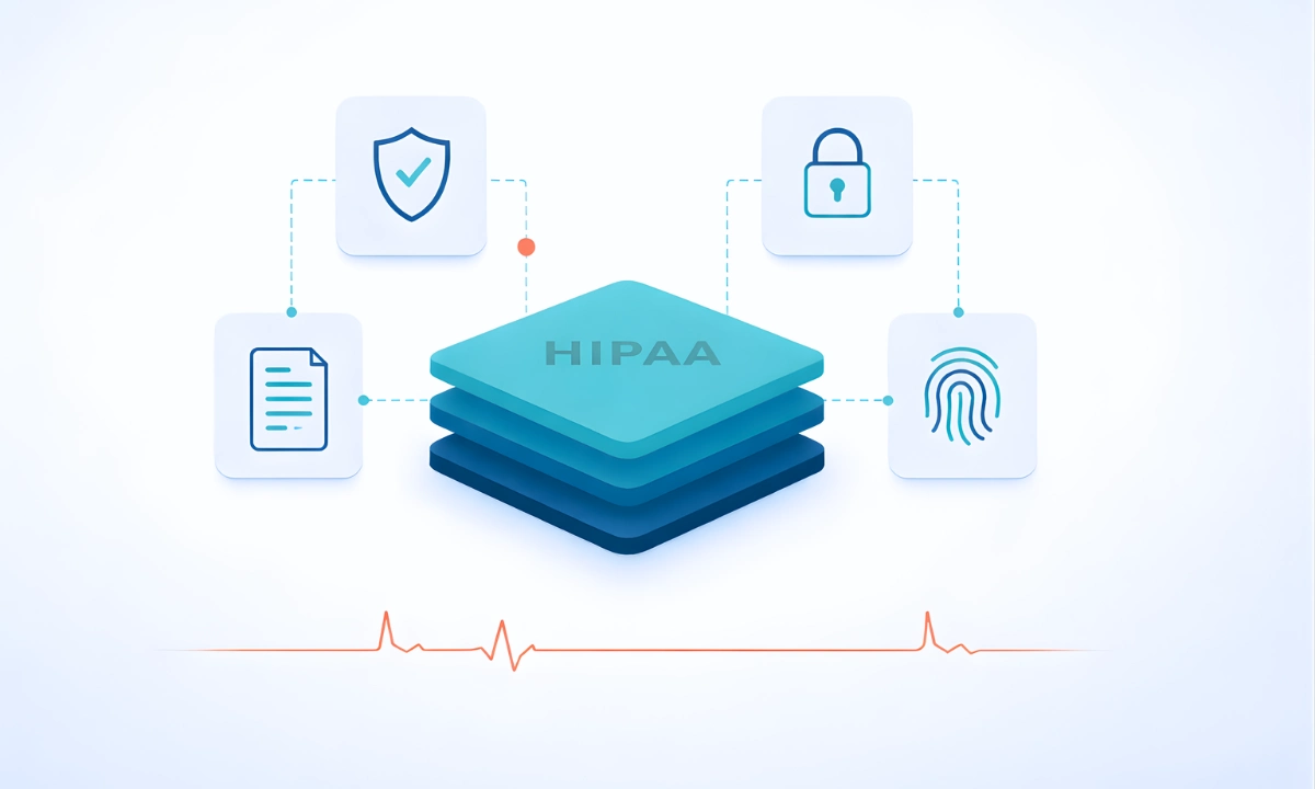 Illustration showing a HIPAA compliance shield with checkmark, audit trail documents, and padlock icons representing the seven non-negotiable requirements for a truly HIPAA compliant clinical communication platform.