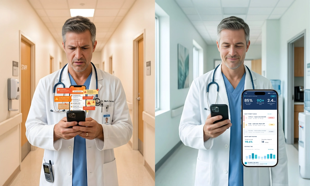 A physician's workday before and after unified clinical communication — fragmented amber-toned alerts on the left, structured teal-and-white HIPAA-compliant workflows on the right.