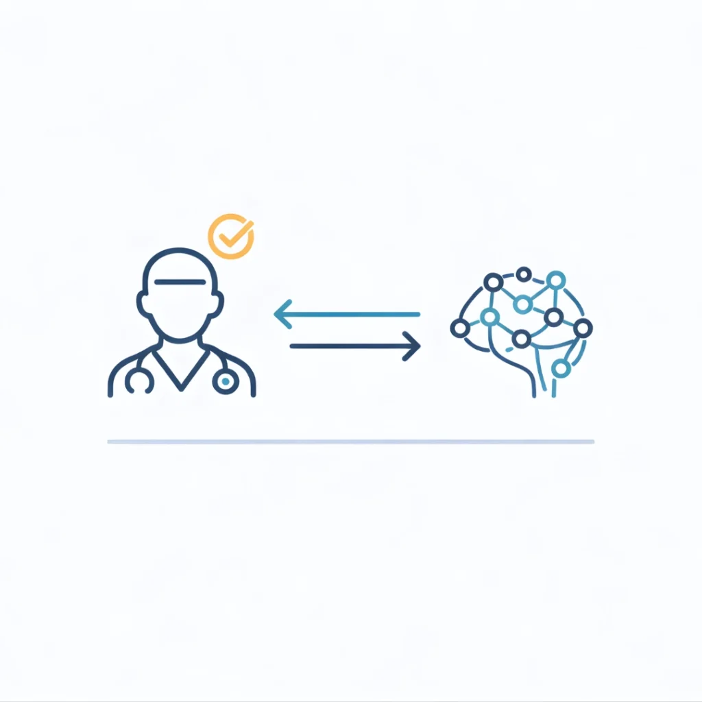 Physician oversight model showing human clinical judgment guiding AI decision support to maintain accountability in healthcare AI systems