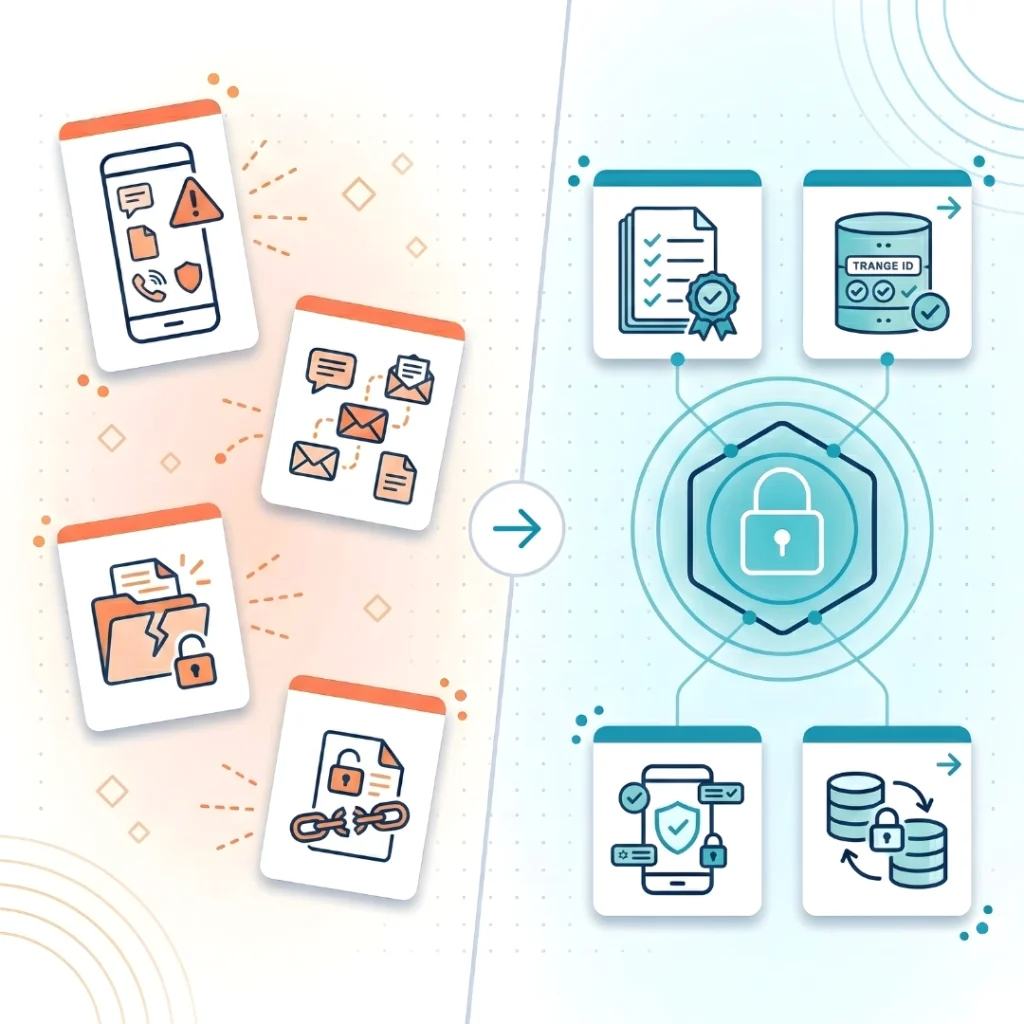 Shadow IT risk in clinical communication showing unsecured messaging devices leaking healthcare data contrasted with a HIPAA-compliant unified clinical communication platform securing clinical workflows