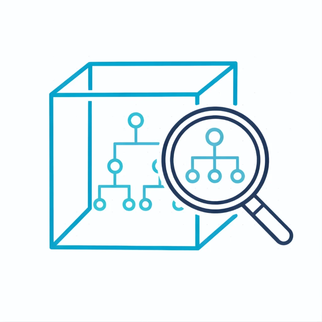 Open system diagram with magnifying glass inspecting a healthcare AI decision tree representing transparent algorithms.