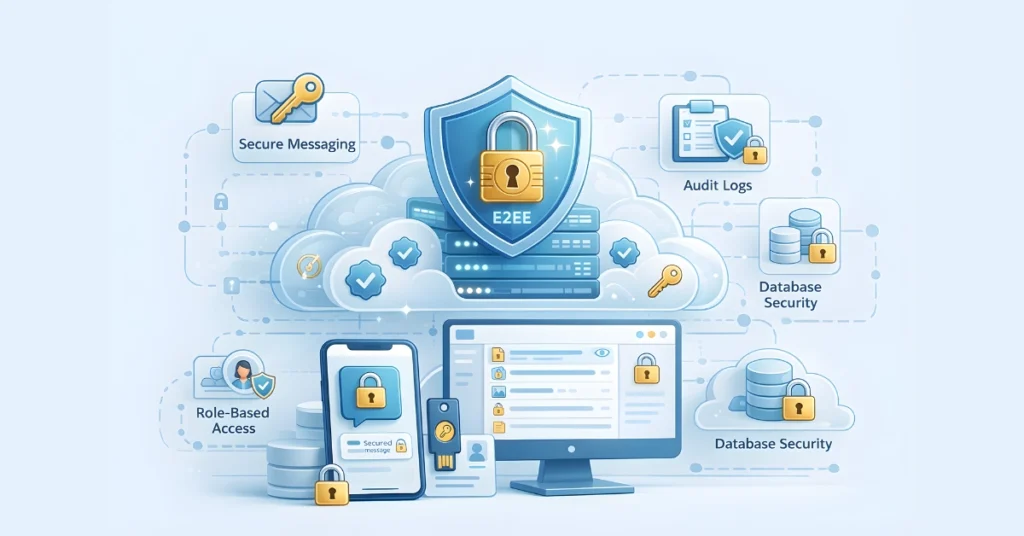 HIPAA-compliant unified clinical communication infrastructure with end-to-end encryption, immutable audit trails, role-based access controls, and data governance dashboards