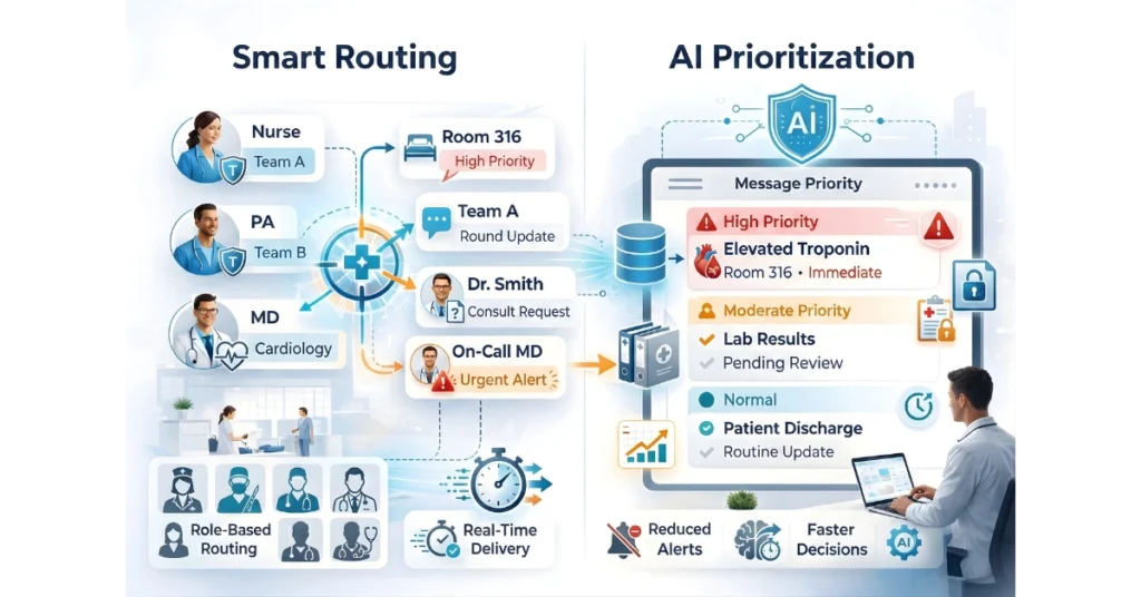 AI-powered smart routing and message prioritization system for clinical workflows — routes messages by clinician role, availability, and urgency to reduce alert fatigue