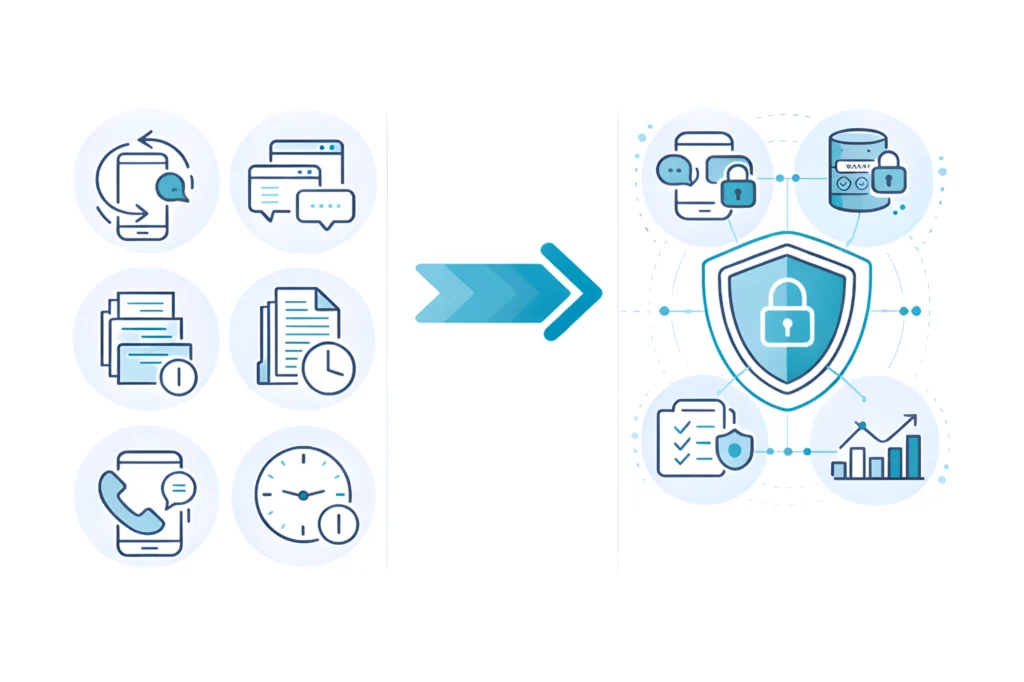Illustration comparing fragmented healthcare communication tools with a unified clinical communication platform that integrates secure messaging, workflow coordination, analytics, and HIPAA-compliant collaboration.