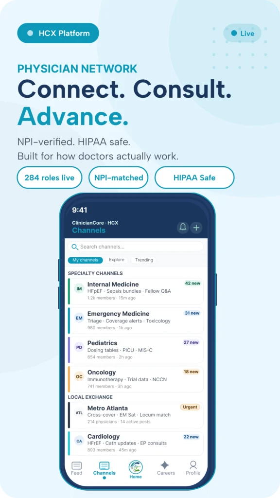 HCX physician profile showing NPI verification karma points peer endorsements and specialty credentials ClinicianCore