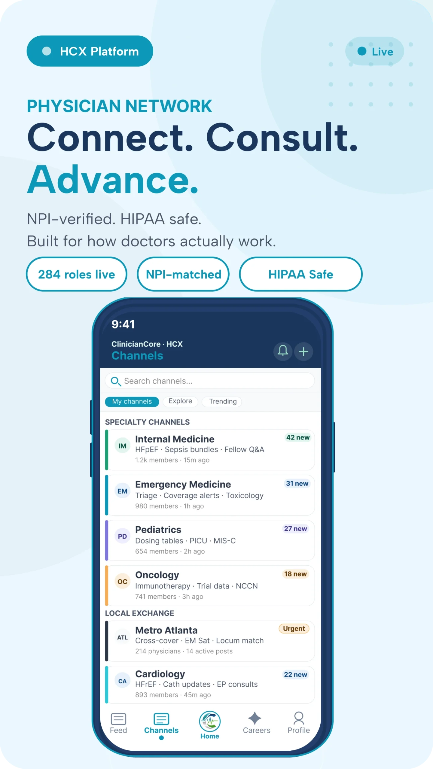 HCX physician profile showing NPI verification karma points peer endorsements and specialty credentials ClinicianCore