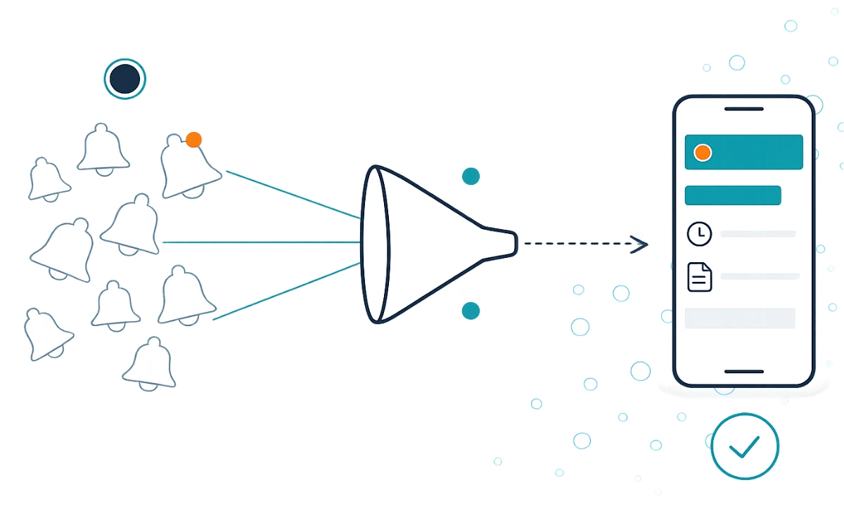 Alert fatigue in healthcare illustrated as a smartphone notification queue with intelligent priority routing, teal critical alert highlighted above deprioritized gray notifications, ClinicianCore